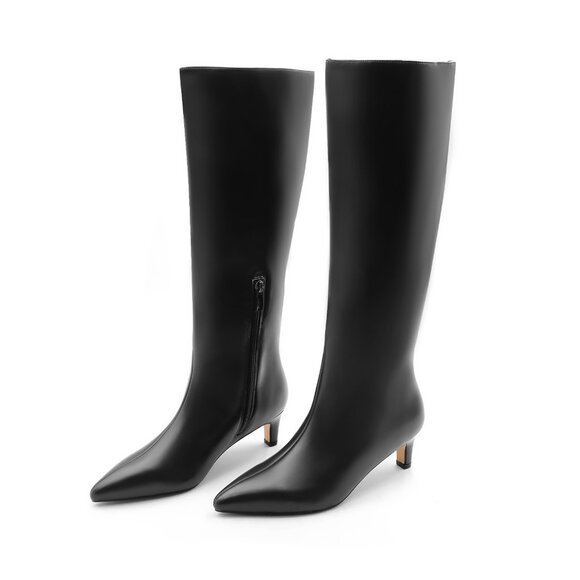 Lurnyet Women's Knee High Boots, Faux Leather Pointed Toe with 2 Inch Heel - Picture 2 of 9